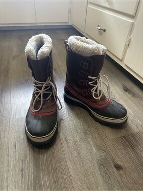 Sorel Brown and Black Women's Rain & Snow Boots with Red Accent